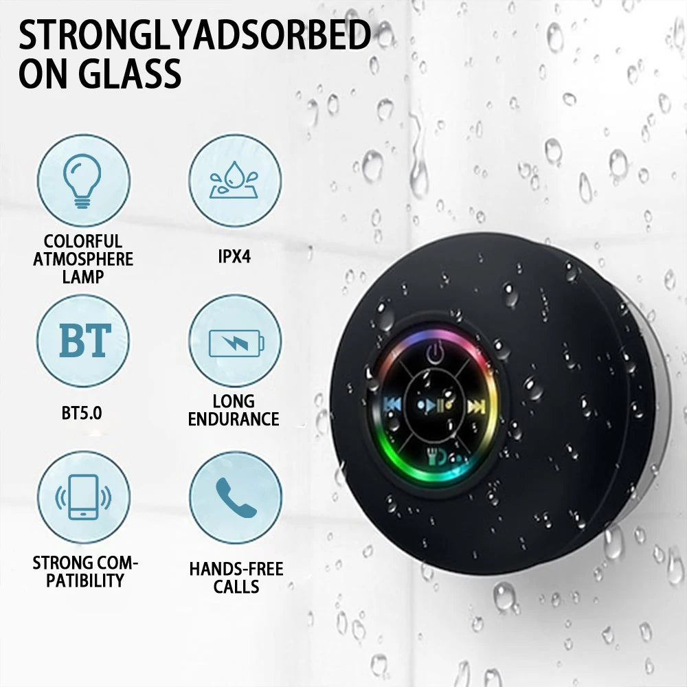 Altavoz Bluetooth 5.0 Inalámbrico Portátil con LED, Resistente al Agua IPX4, Ventosa, Estéreo para Exterior y Baño